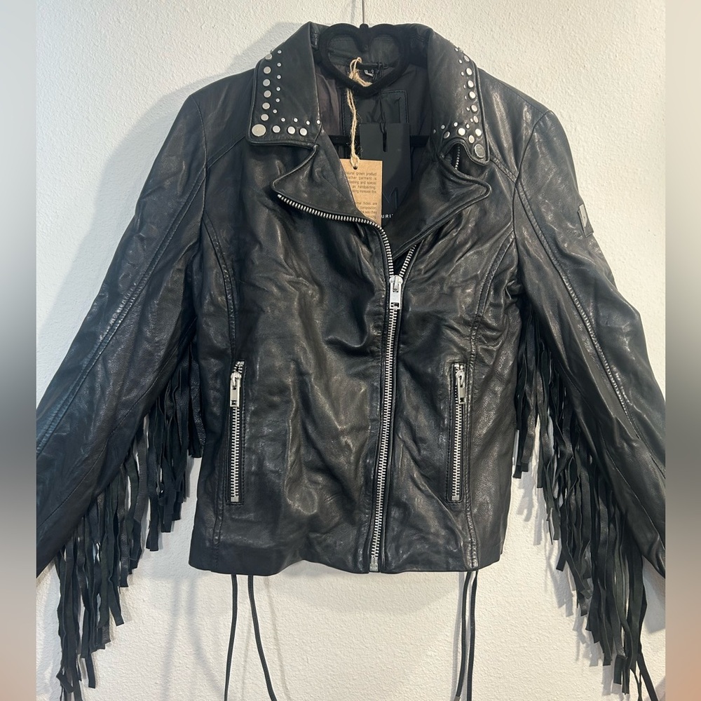 Mauritius Marlee SF Slim Fit Leather Jacket Black Fringe Studded Moto Small NWT